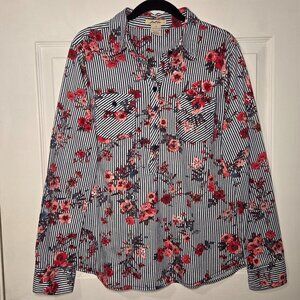 Love Potion Floral Stripe Navy, White with Florals Long Sleeve Blouse – Size M